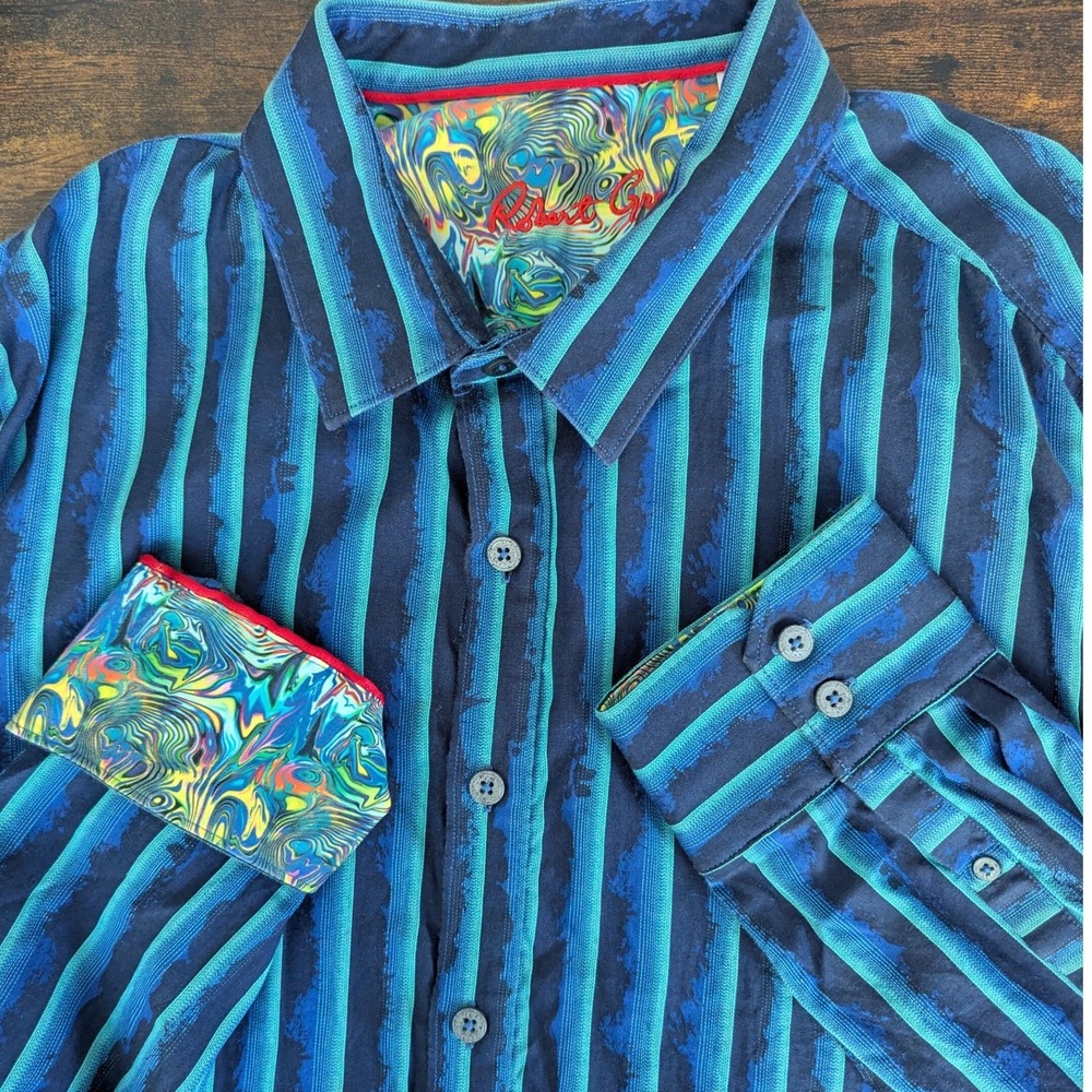 Robert Graham Button Up Shirt Blue Teal Striped Long Sleeve 2XL Contrast Cuff